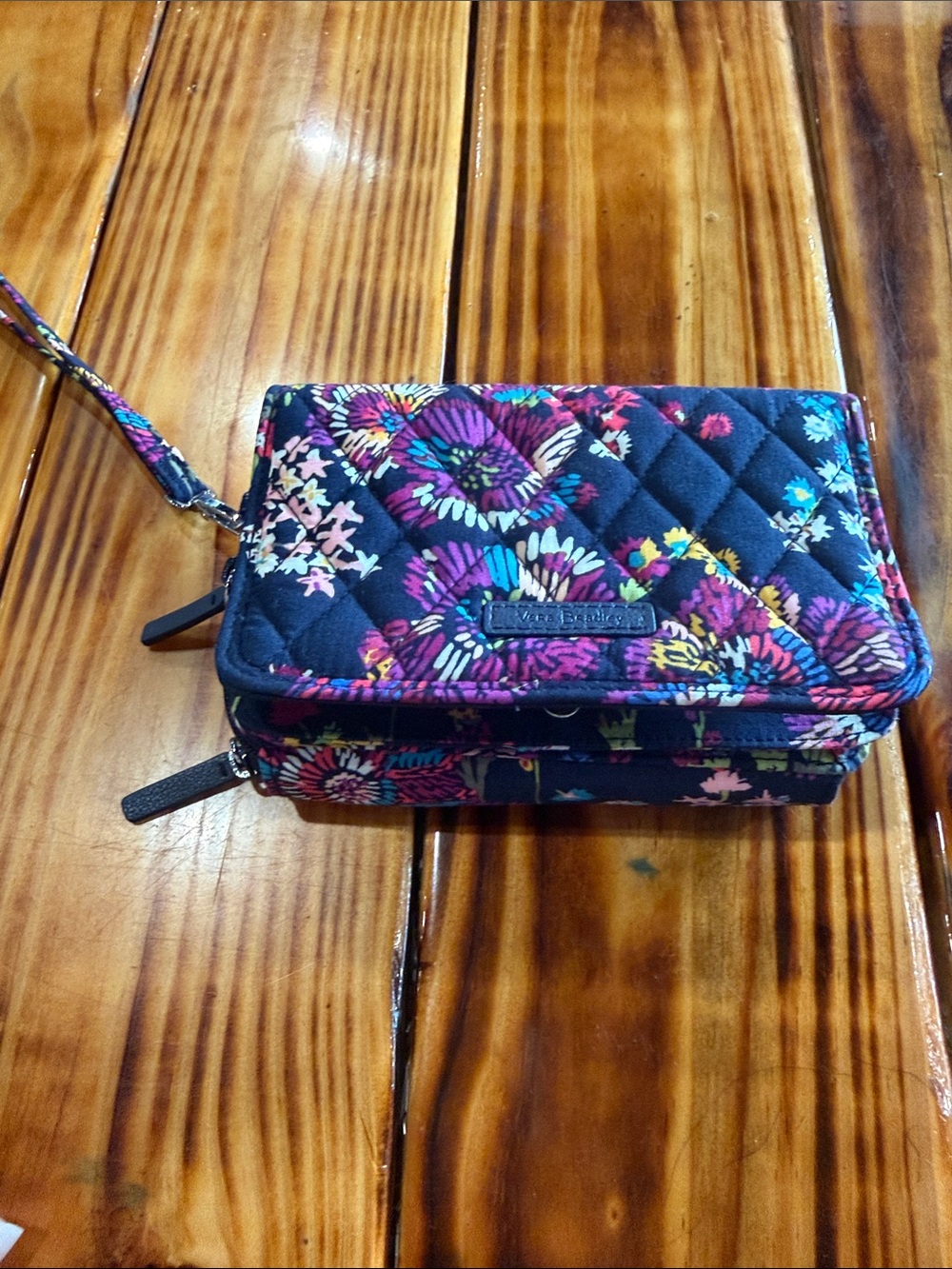 Vera Bradley Navy Quilted Floral Wristlet Wallet with Multicolor Blooms